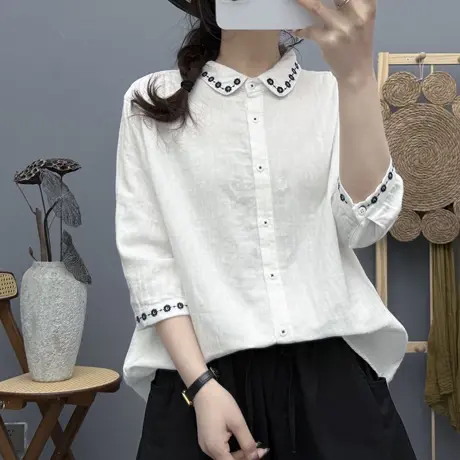 夏季新款韩版刺绣花朵纯棉中袖衬衫女宽松百搭文艺休闲七分袖上衣图片