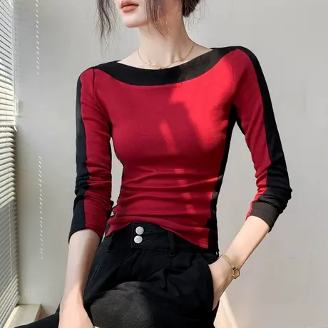 拼色一字领长袖T恤女2025春秋新款修身打底衫别致设计感内搭上衣商品大图