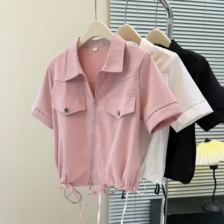 设计感小众双拉链Polo领衬衫外套女夏季韩版宽松短款正肩工装上衣图片
