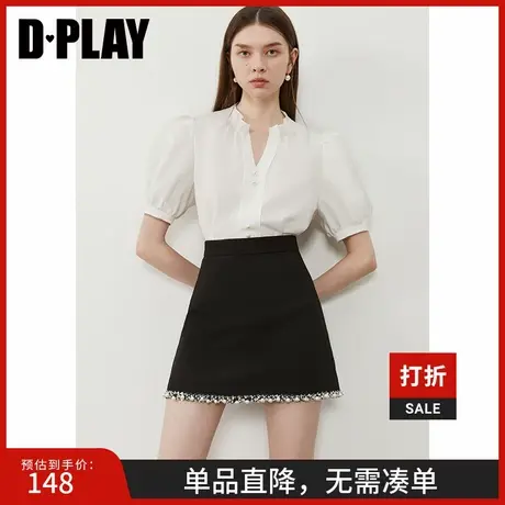 DPLAY2025年夏季新款白色衬衫女上衣宽松气质珍珠衬衣短袖泡泡袖商品大图