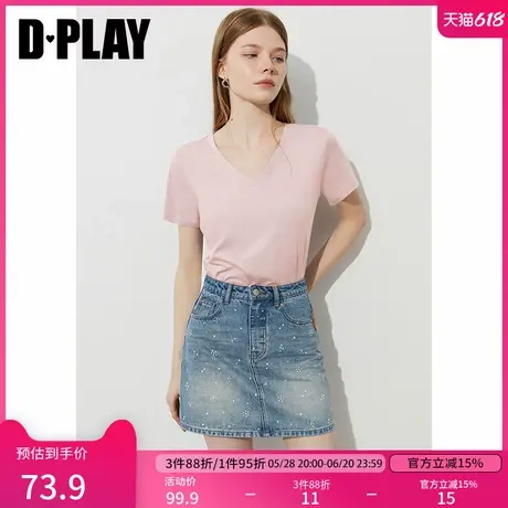 DPLAY2025年夏季新款粉色t恤女100棉时尚休闲宽松内搭短袖上衣图片