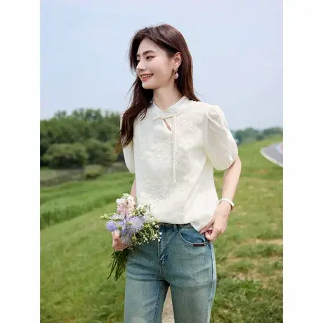 时尚气质衬衫2024年夏季新款女百搭减龄高级简约个性泡泡袖短袖T商品大图