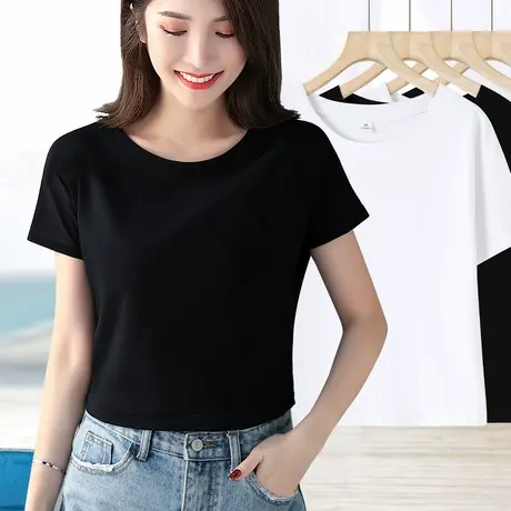 夏季黑色短袖t恤女修身设计感高腰2024年新款外穿短款上衣夏体恤商品大图