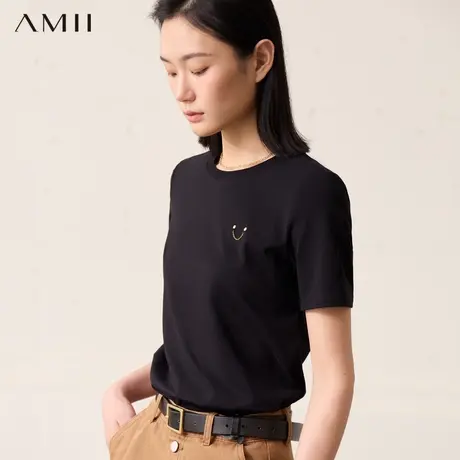 Amii2025夏季女黑科技玻尿酸面膜T恤设计感笑脸刺绣修身短袖上衣商品大图