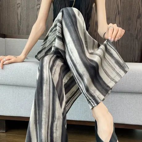 竖条纹冰丝缎面阔腿裤女夏季薄款高腰显瘦垂感印花凉凉直筒拖地裤商品大图