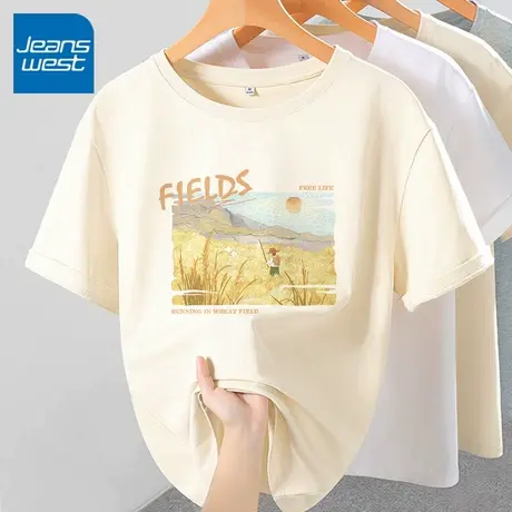 KV真维斯杏色洋气上衣减龄 韩版宽松圆领流行的纯棉女2025夏季t恤商品大图