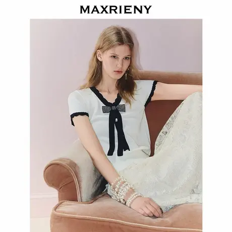 MAXRIENY赫本风v领蝴蝶结套头针织衫女航海风撞色短袖上衣25秋款商品大图