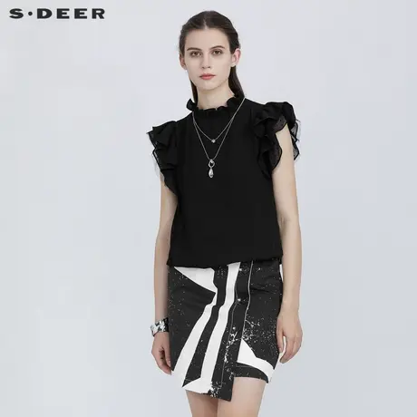 sdeer圣迪奥夏装木耳边圆领小众网纱拼接黑色雪纺衬衫女S21280427图片
