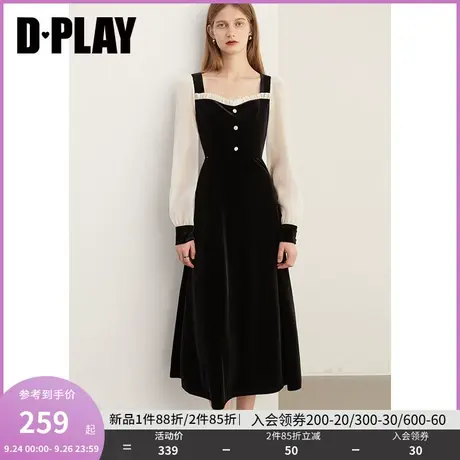 DPLAY2023新法式赫本风黑拼杏宫廷领撞色丝绒连衣裙轻礼服小黑裙商品大图