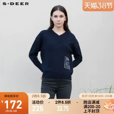 sdeer圣迪奥2021秋冬新品罗纹V领抽象印花宽松针织毛衣S21463531图片