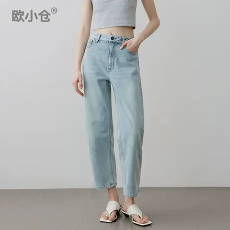 欧小仓软牛系列 香蕉九分裤 复古水洗磨白高腰奶奶裤浅蓝色牛仔裤商品大图