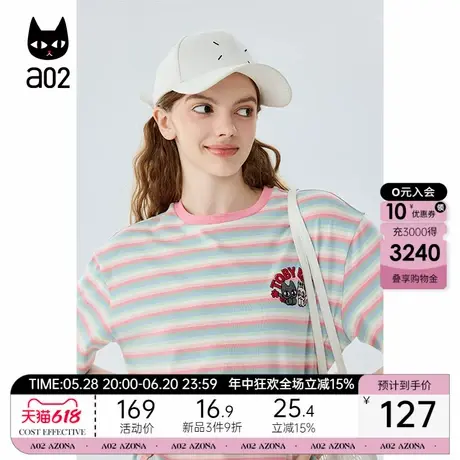 a02条纹短袖女T恤2025新款爆款夏季宽松圆领印花上衣半袖女士夏装图片