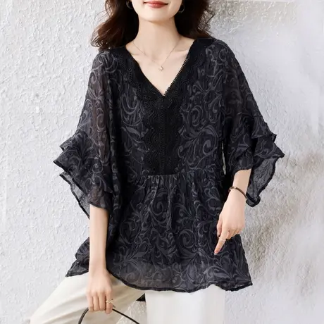 雪纺衫女短袖夏季加肥加大码女装宽松中长款蕾丝V领洋气小衫上衣商品大图