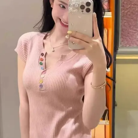 v领冰丝针织衫正肩短袖t恤女夏季设计感修身显瘦独特漂亮掐腰上衣图片