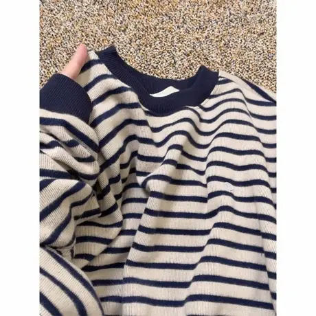 复古chic港味条纹圆领卫衣女春秋季韩版百搭宽松大码bf慵懒风上衣商品大图