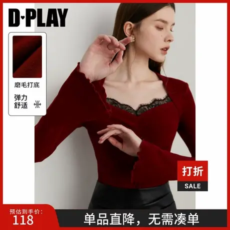 DPLAY2025春季法式红色T恤女蕾丝边方领打底衫加绒内搭小衫上衣图片
