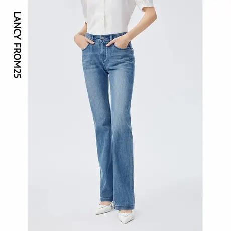朗姿法式高腰直筒蓝色休闲微喇牛仔裤女夏季新款百搭显瘦长裤子商品大图