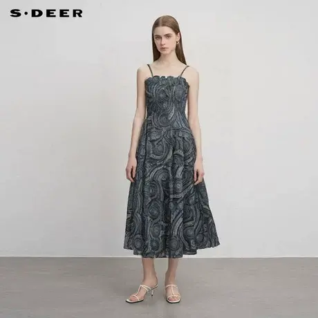sdeer圣迪奥女装木耳边松紧印花吊带连衣裙S242Z12S7商品大图
