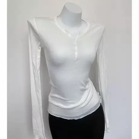 2021秋半开扣V领修身时尚木耳边显瘦上衣性感薄透打底衫长袖T恤女图片