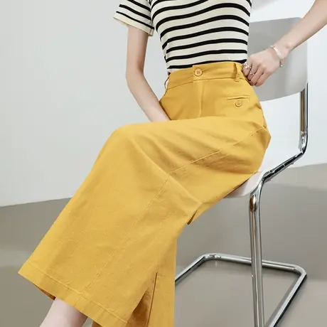 西装阔腿裤女夏季薄款高腰宽松显瘦垂感休闲小个子九分黄色直筒裤商品大图