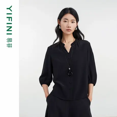 [专柜同款]Yifini/易菲100%真丝荷叶边领宽松套头小衫女D04S1419商品大图