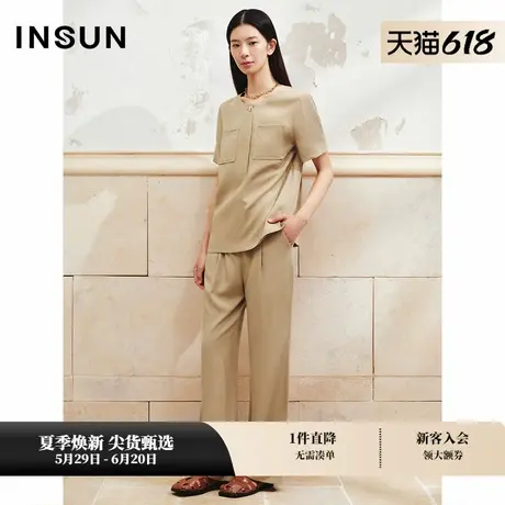 INSUN恩裳专选夏季褶裥卡其色亚麻天丝休闲裤商品大图