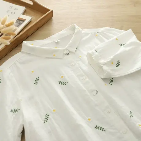 夏季韩版文艺双层棉纱中袖衬衫女宽松休闲五分袖上衣百搭刺绣花朵商品大图