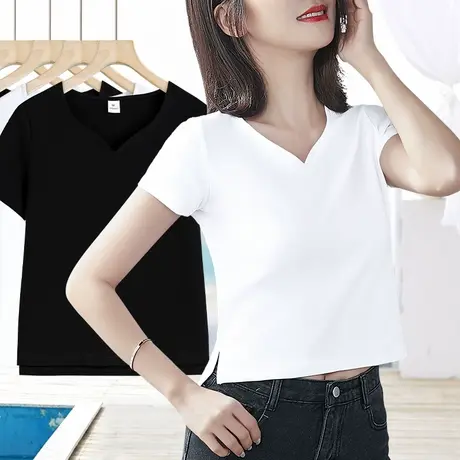 夏季白色桃心领纯棉短袖t恤女夏季2024新款修身高腰下摆开叉上衣商品大图