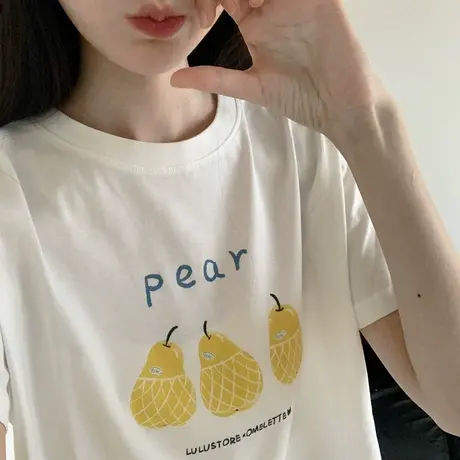 清新小黄梨~正肩韩系轻氧梨子印花短袖T恤女夏季宽松休闲圆领上衣商品大图