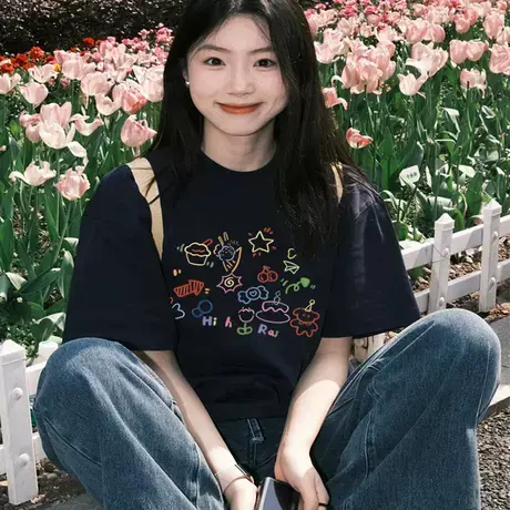 2025新款胖mm黑色美式字母短袖t恤女夏季纯棉设计感小众上衣ins潮商品大图