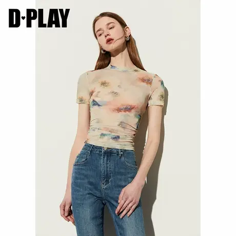 DPLAY夏季复古油画晕染网纱上衣短袖t恤女短款修身美式辣妹上衣商品大图