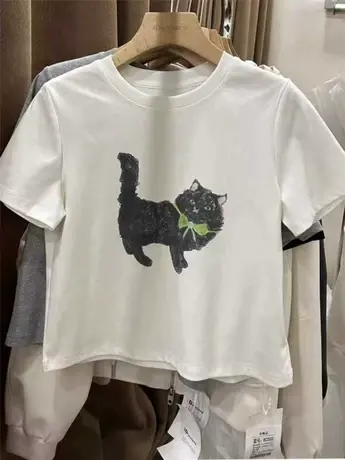卡通猫咪印花短袖T恤女2024夏装新款韩版宽松休闲纯棉打底衫上衣商品大图