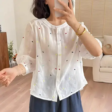 休闲百搭七分袖圆领衬衫女2025新款夏季宽松时尚小衫薄款防晒上衣图片