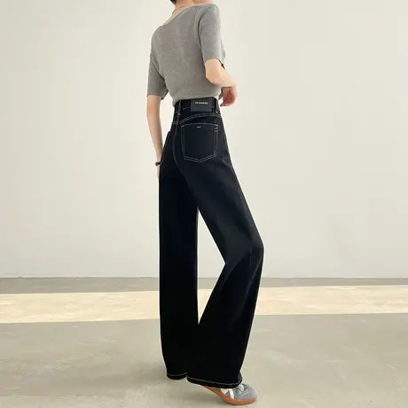 黑色窄版阔腿牛仔裤女2025春秋季新款裤子高腰显瘦宽松拖地直筒裤商品大图