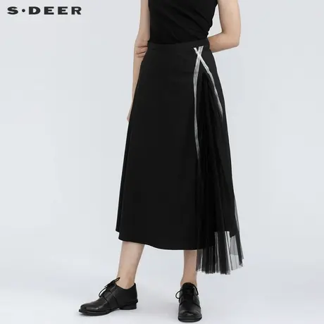 sdeer圣迪奥女装夏装撞色印花网纱黑色裙子拼接休闲长裙S21281134商品大图