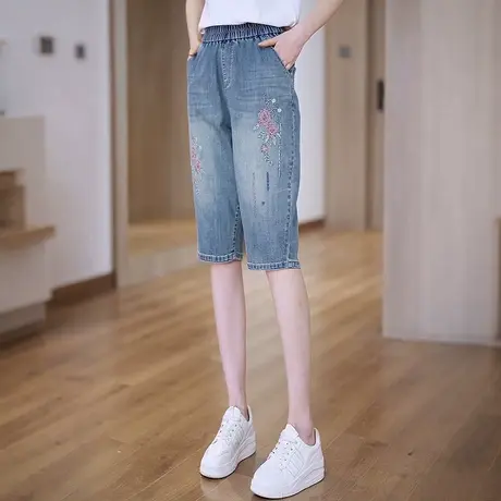 夏季薄款软牛仔萝卜裤女新款松紧腰刺绣五分裤百搭休闲显瘦中裤商品大图