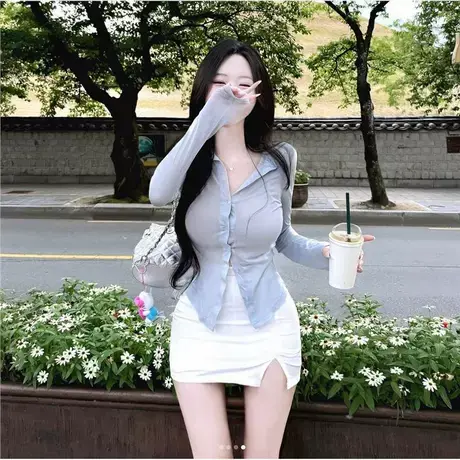 现货 韩国东大门秋新款开衫长袖修身亲肤简约纯色小衫外套商品大图