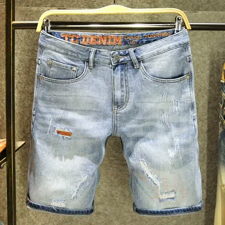 浅色水洗猫须夏季牛仔短裤男街头痞帅刮烂五分裤潮牌破洞帅气中裤商品大图