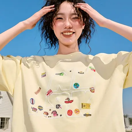 Nuthink多巴胺潮牌短袖T恤卡通趣味情侣男女美式重磅半袖2025新款图片