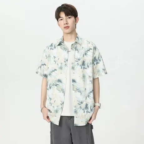 2025新款美式扎染短袖衬衫男士夏季薄款休闲宽松衬衣外套男上衣服商品大图