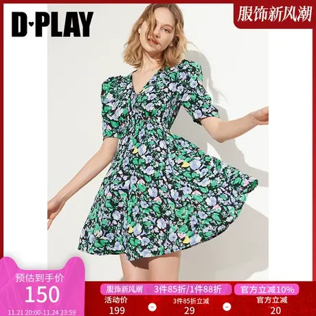 DPLAY夏新甜酷黑底紫调满花高腰收腰印花连衣裙沙滩裙商品大图