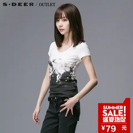 s.deer【新品】圣迪奥正品女装休闲黑白水墨印染短袖T恤S14280168图片