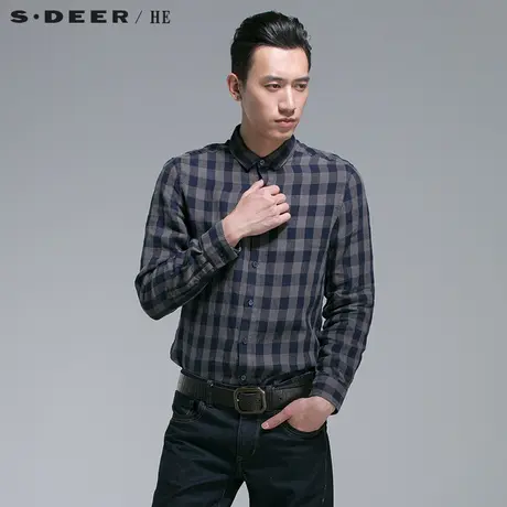 sdeerhe圣迪奥男装2017秋装文艺方格子亚麻长袖衬衫H14170580图片