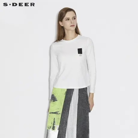 sdeer圣迪奥女装春秋装时尚圆领撞色印花白色长袖T恤S21380205图片