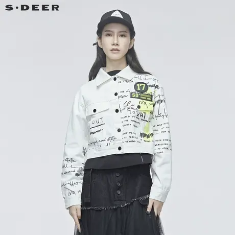 sdeer圣迪奥女装春秋装趣味荧光字母涂鸦白色牛仔短外套S20182216图片