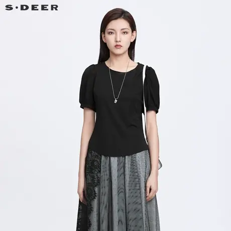 sdeer圣迪奥22夏装新品休闲圆领泡泡袖黑色基本款T恤女S22280148图片