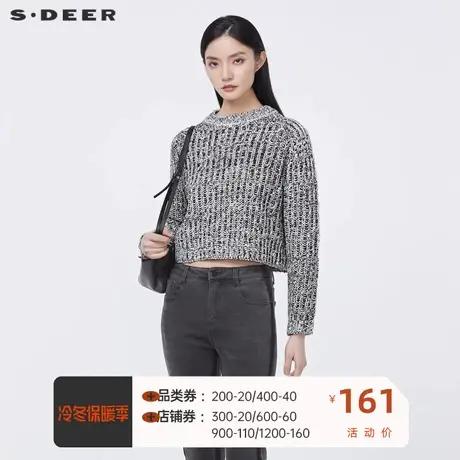 sdeer圣迪奥女装罗纹圆领撞色钩花宽松针织衫S22163503图片