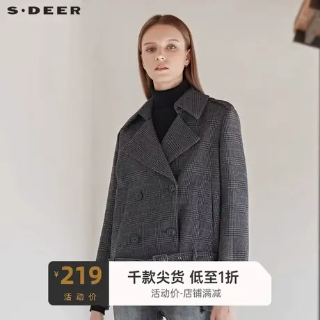 sdeer圣迪奥女翻领双排扣英伦风撞色格纹收腰短款外套S19462209图片