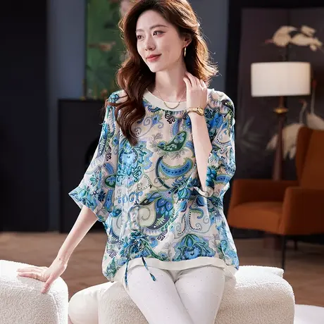 宝诗黎蝙蝠袖宽松印花中袖雪纺衫2025夏季慵懒休闲百搭大码衬衣女商品大图