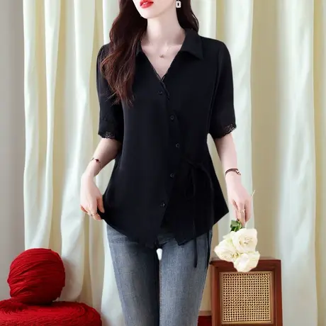 黑色短袖衬衫女夏季新款蕾丝拼接衬衣妈妈气质遮肚子时尚女上衣商品大图